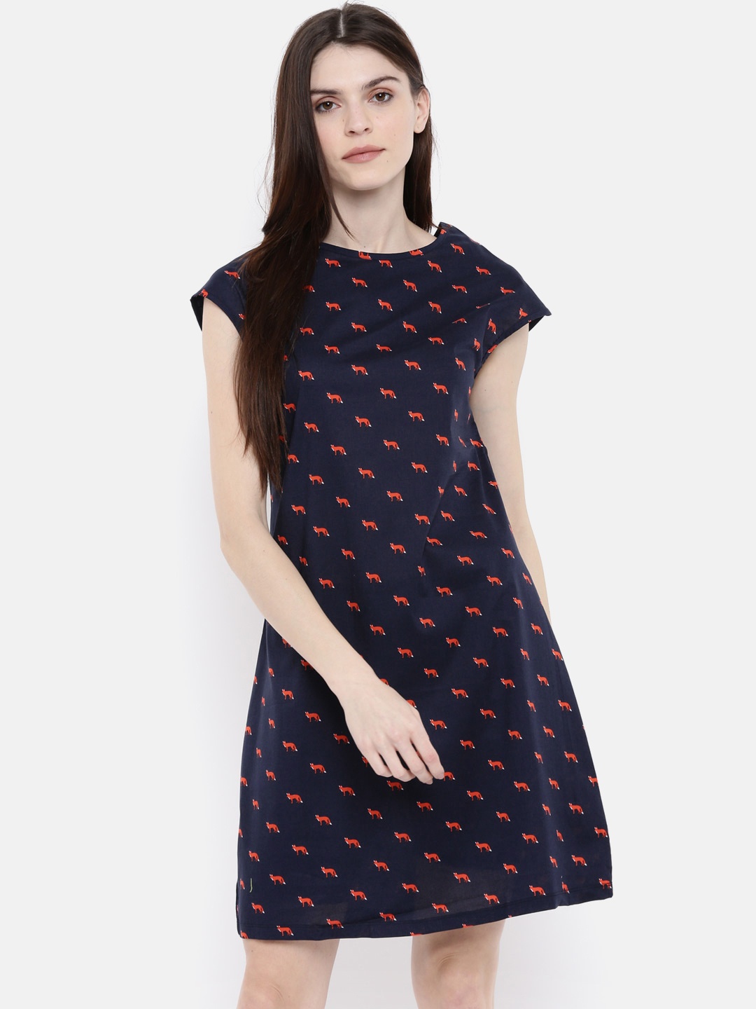 

Bareblow Women Navy & Red Printed A-Line Dress, Navy blue