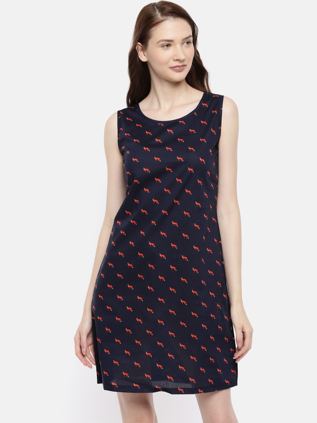 

Bareblow Women Navy & Red Printed A-Line Dress, Navy blue