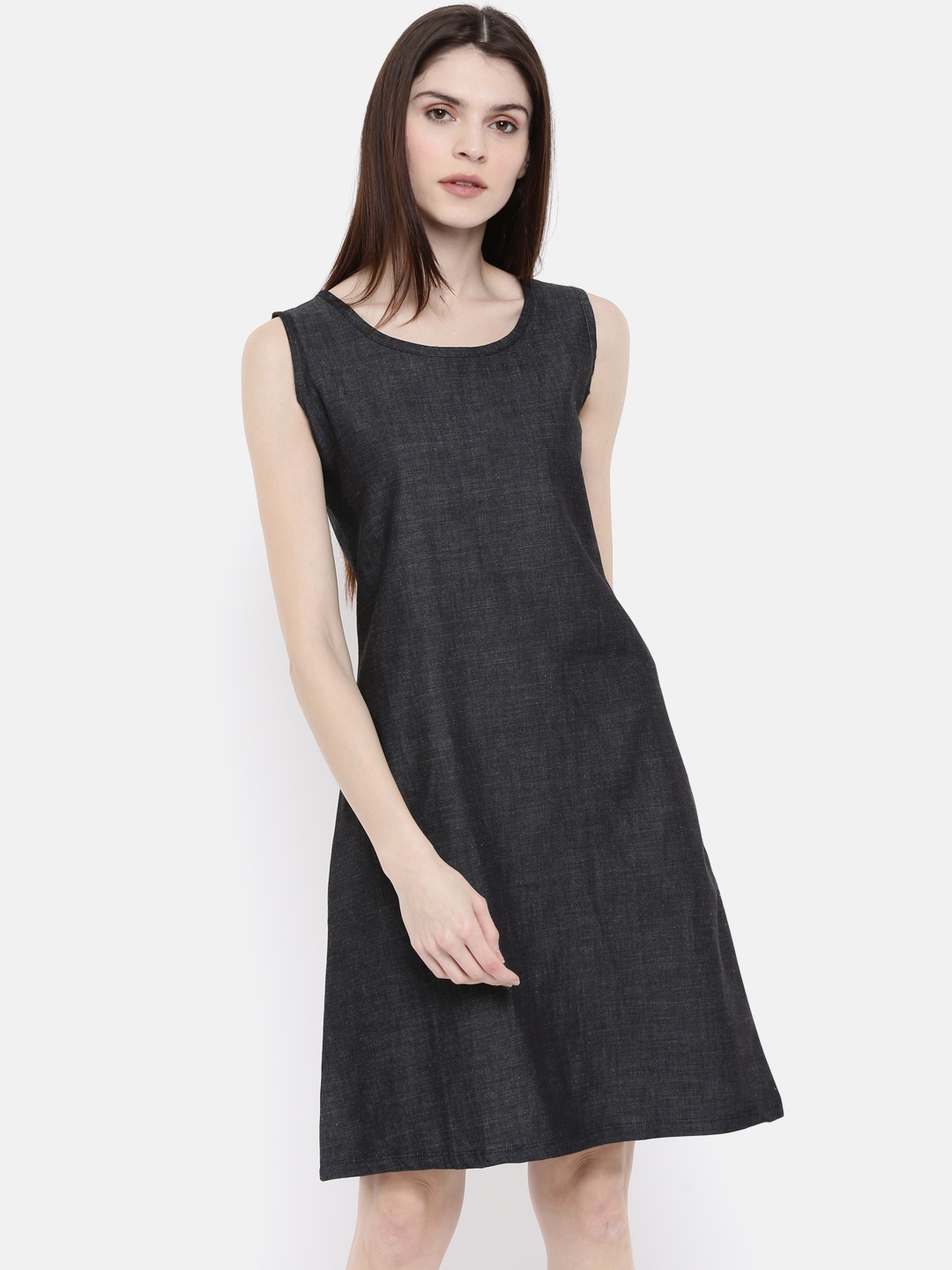 

Bareblow Women Navy Solid A-Line Chambray Dress, Navy blue