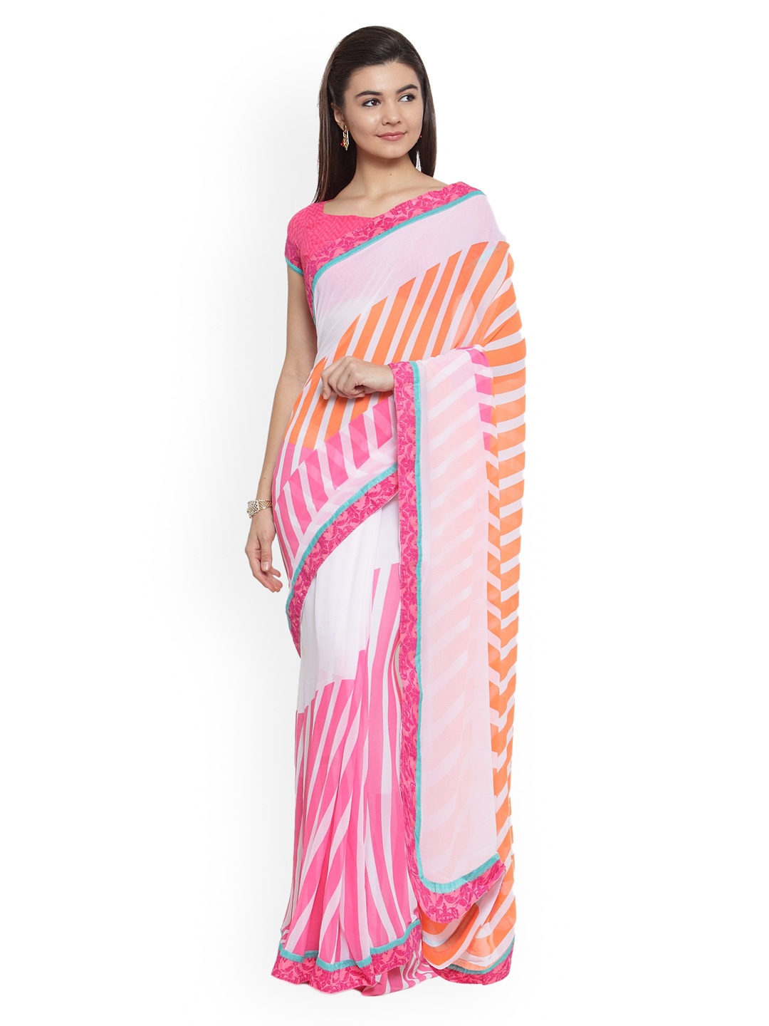 

Shaily Pink & Orange Pure Georgette Striped Saree