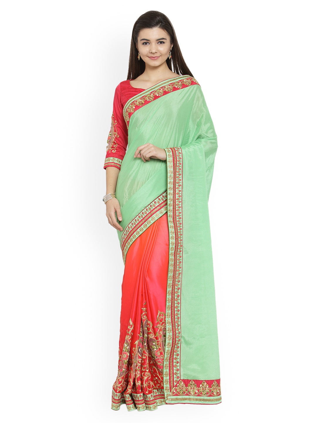 

Shaily Pink & Green Satin Solid Saree