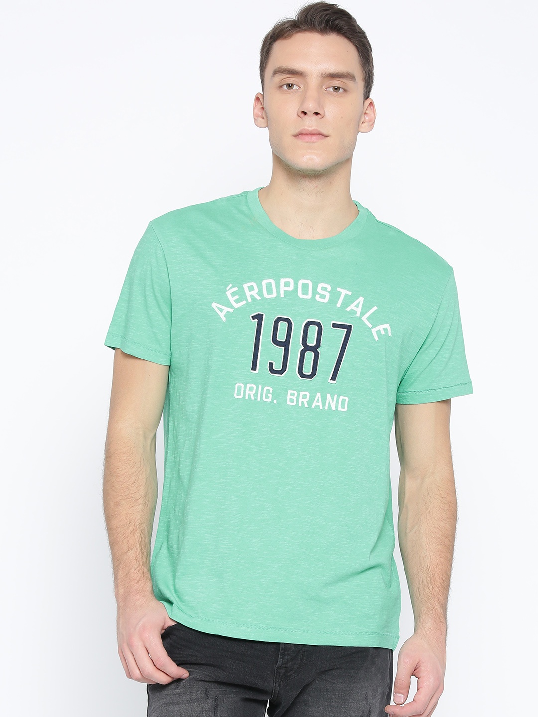 

Aeropostale Men Sea Green Embroidered Round Neck T-shirt