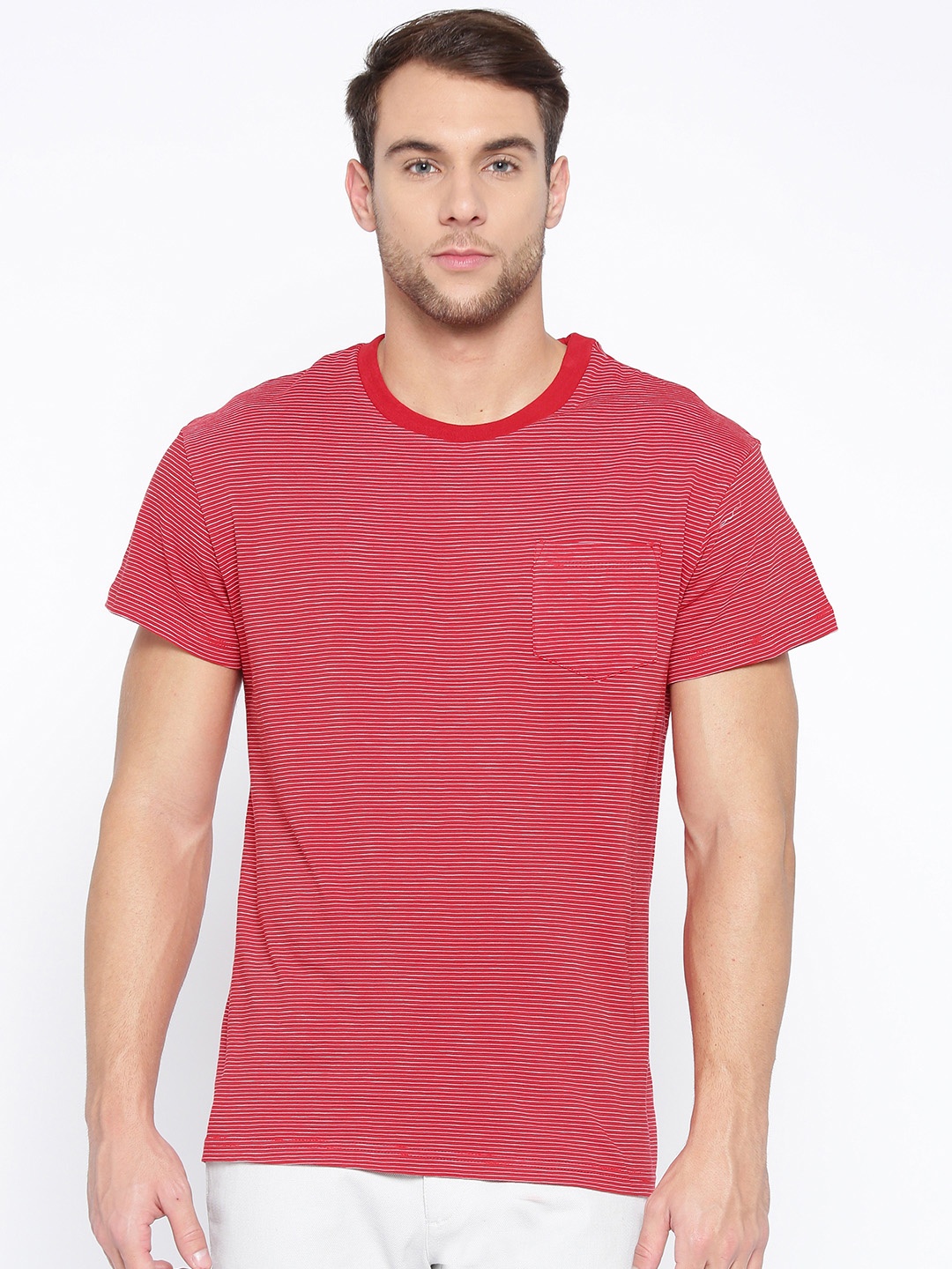 

Aeropostale Men Red Striped Round Neck T-shirt