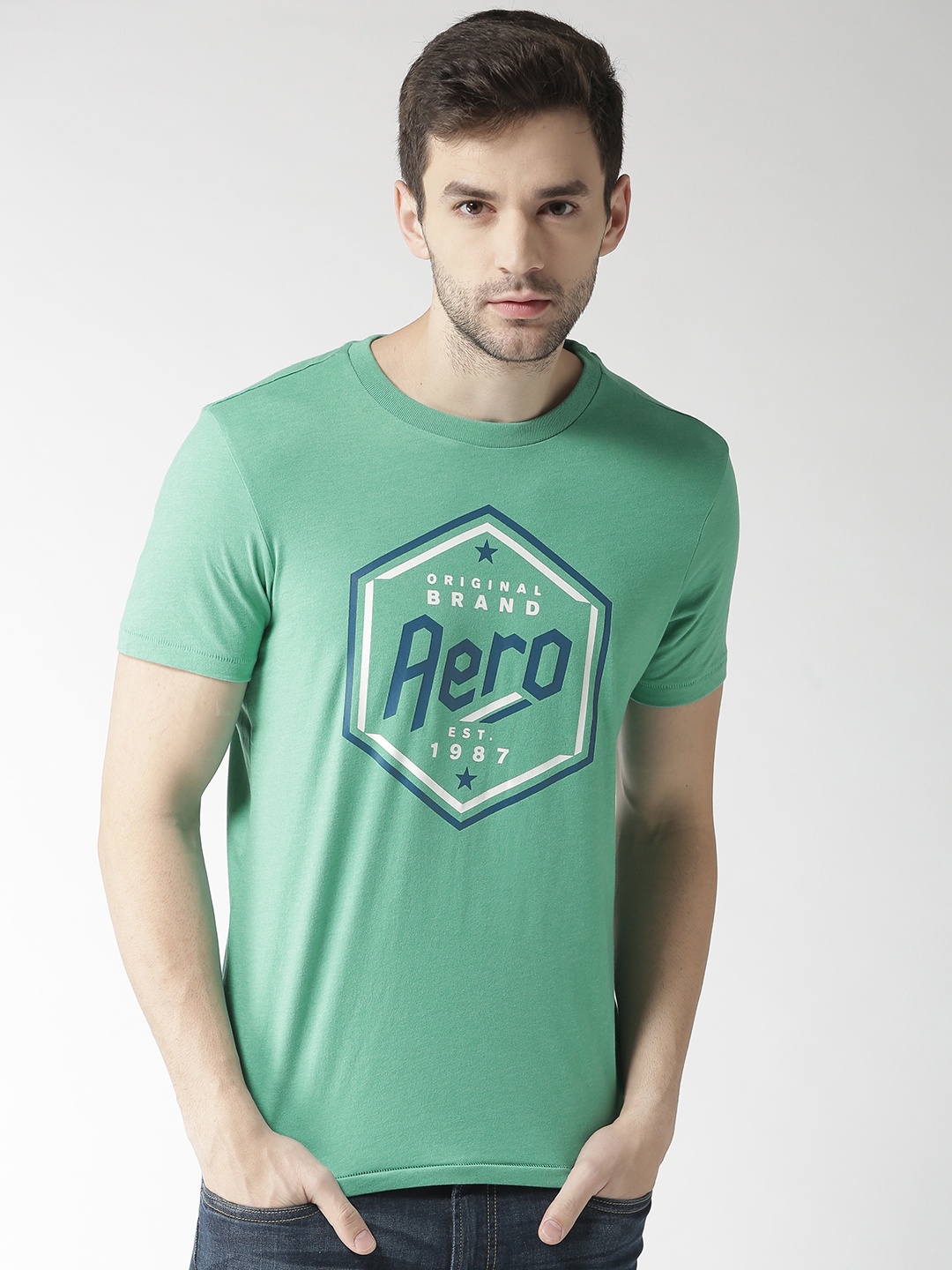 

Aeropostale Men Green Printed Round Neck T-shirt