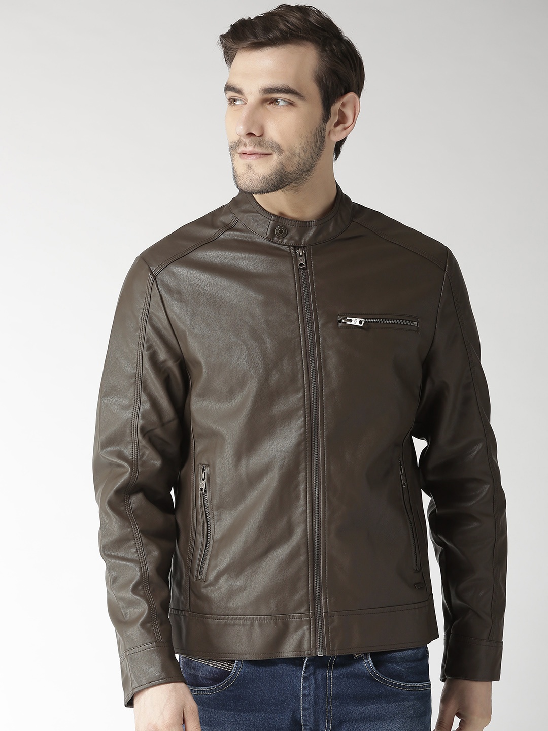 

Aeropostale Men Brown Solid Biker Jacket