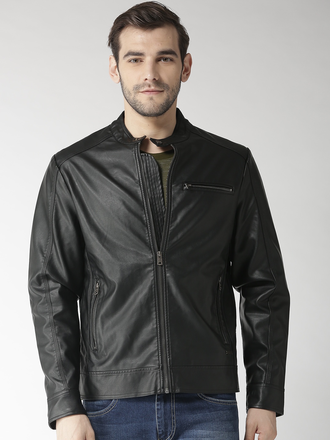 

Aeropostale Men Black Solid Biker Jacket