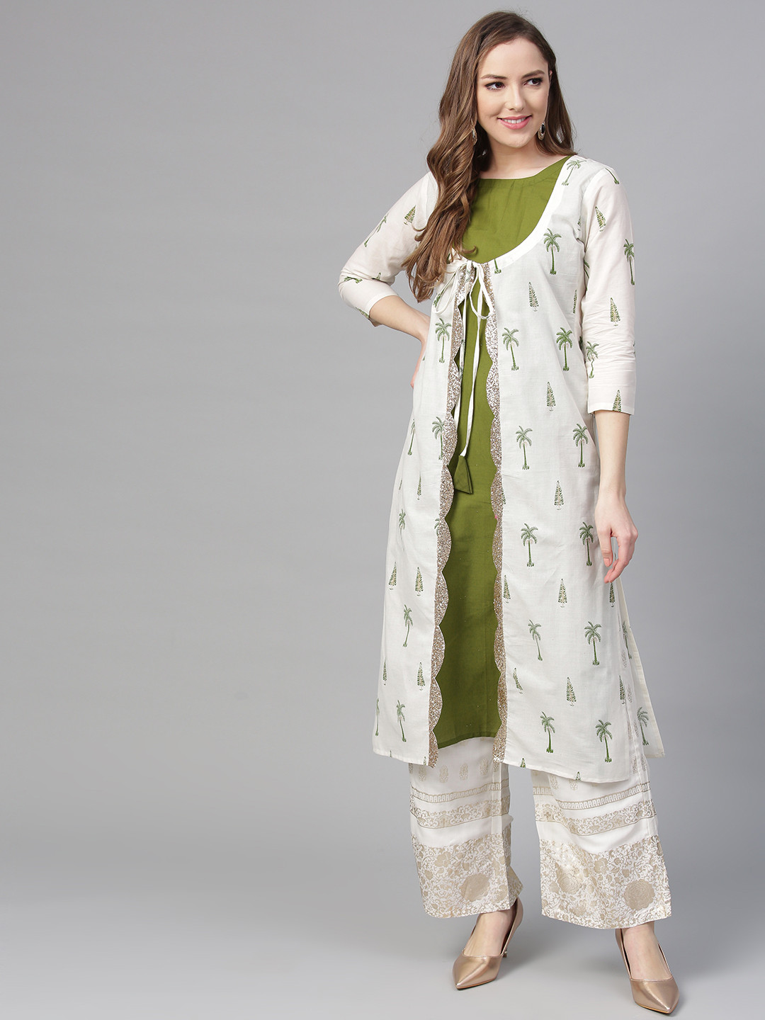 

Ahalyaa Women White Olive Green Printed Layered A-Line Cotton Kurta