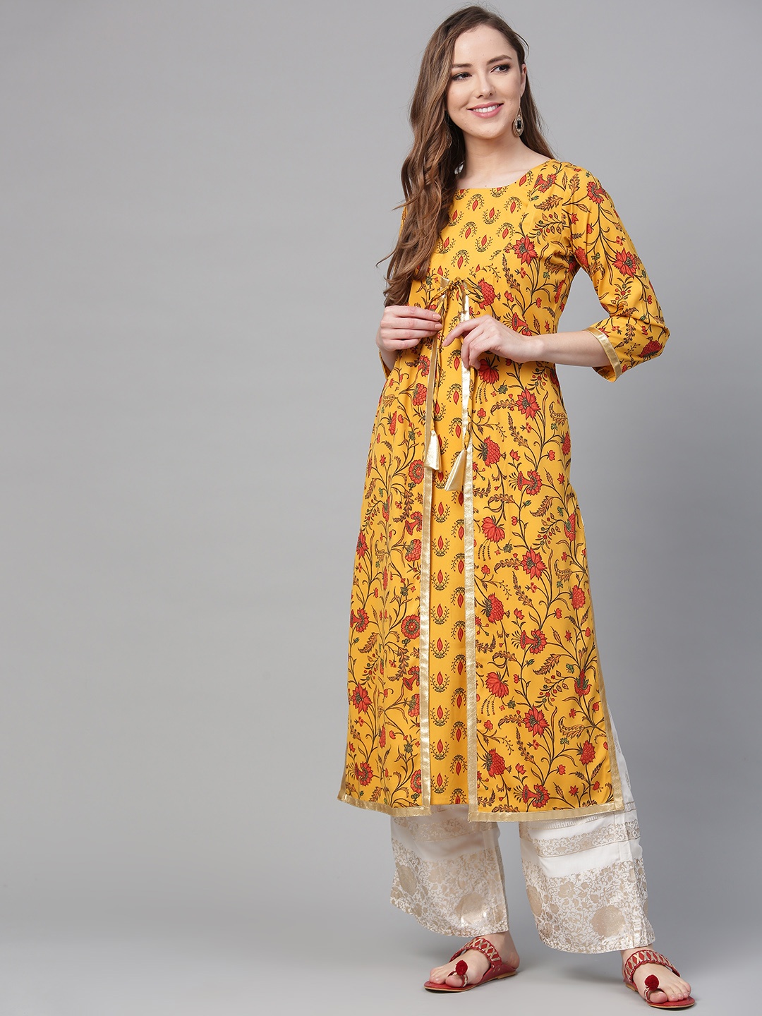 

Ahalyaa Women Mustard & Red Printed Layered A-Line Kurta