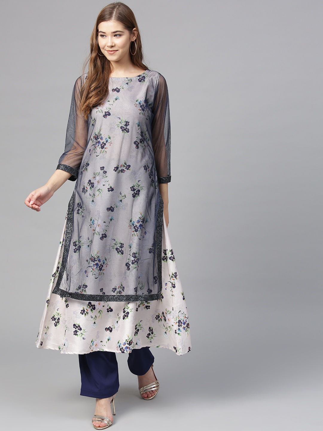 

Ahalyaa Women Navy Blue & Off-White Printed Layered A-Line Kurta