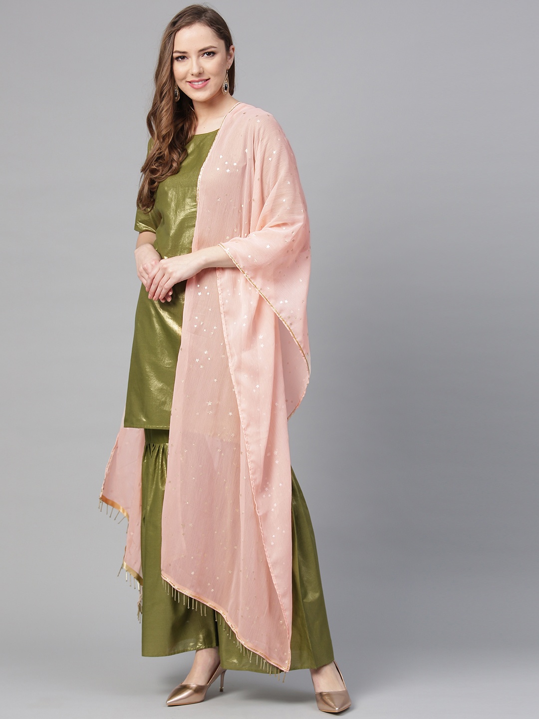 

Ahalyaa Women Olive Green & Pink Solid Kurti with Sharara & Dupatta