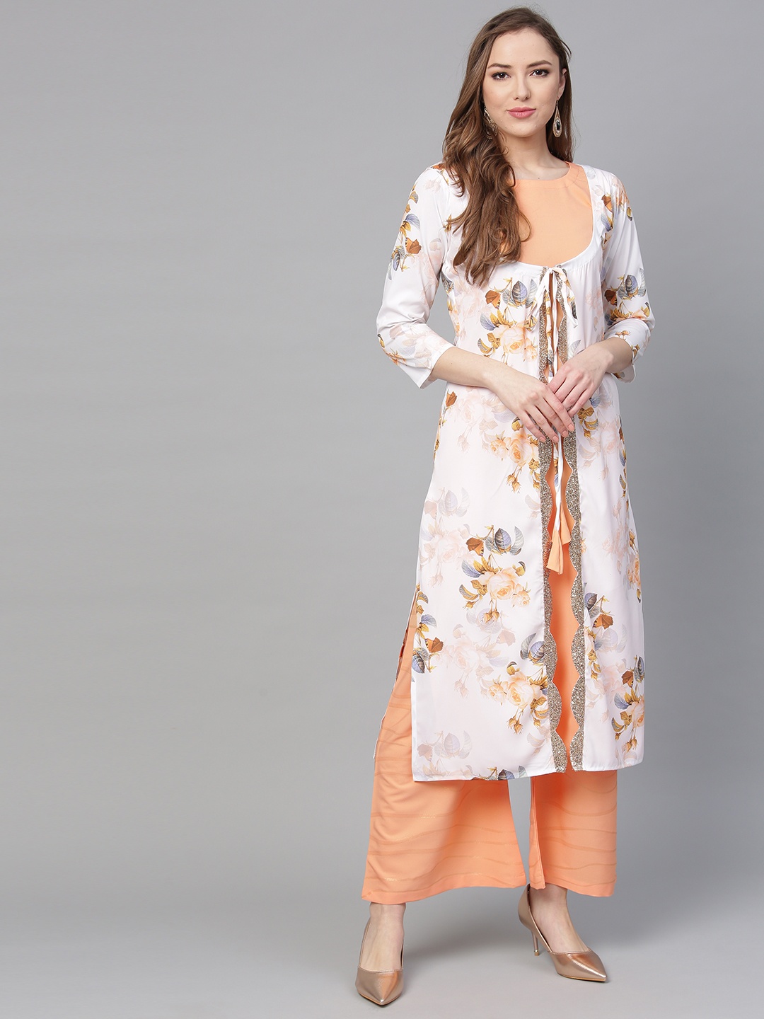 

Ahalyaa Women White & Peach-Coloured Printed Kurta with Palazzos