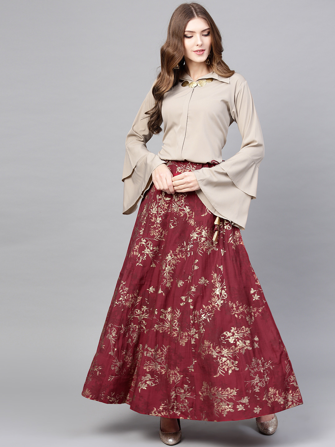 

Ahalyaa Women Beige & Maroon Tunic with Skirt