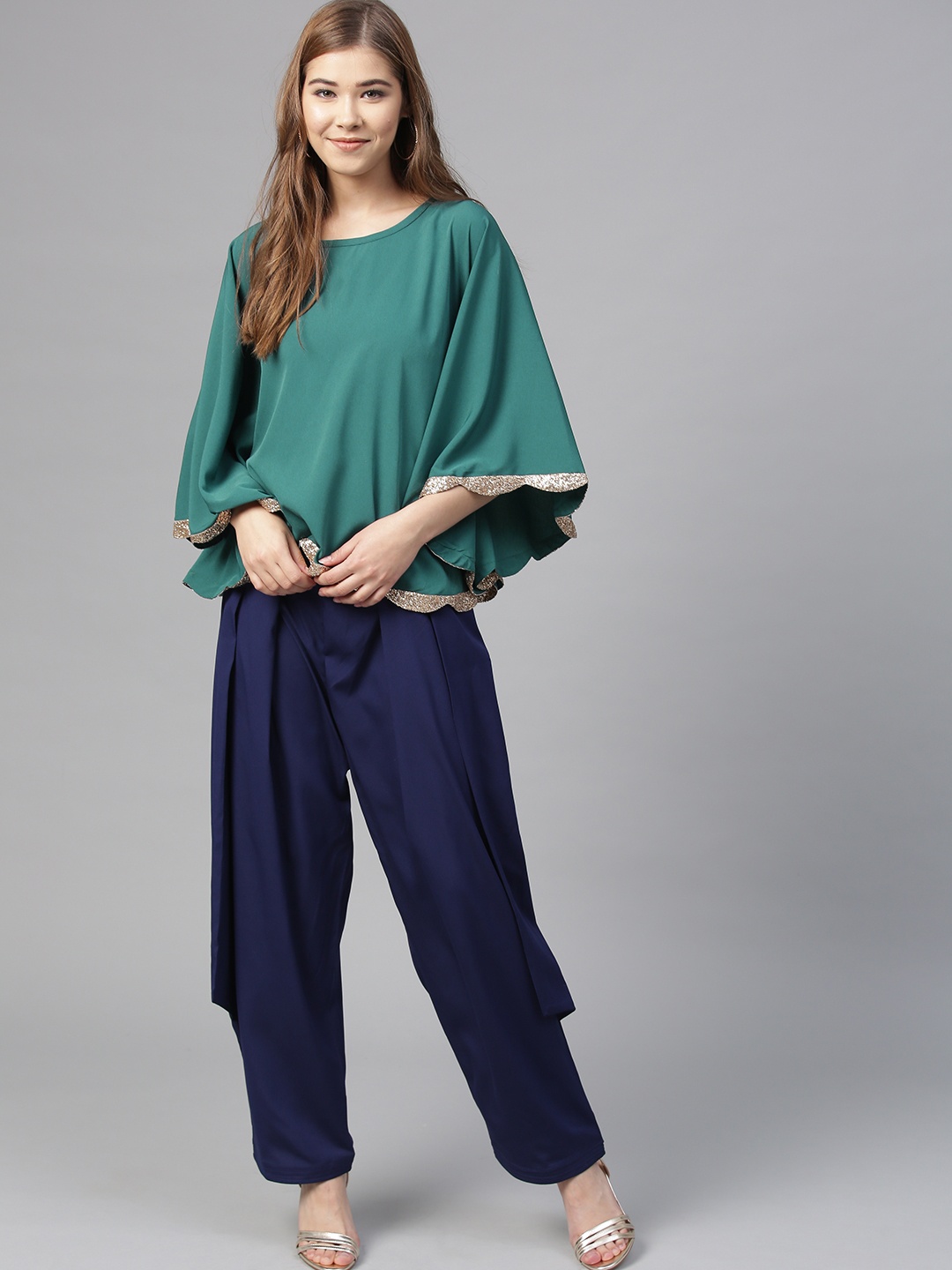 

Ahalyaa Women Green & Navy Blue Solid Top with Trousers