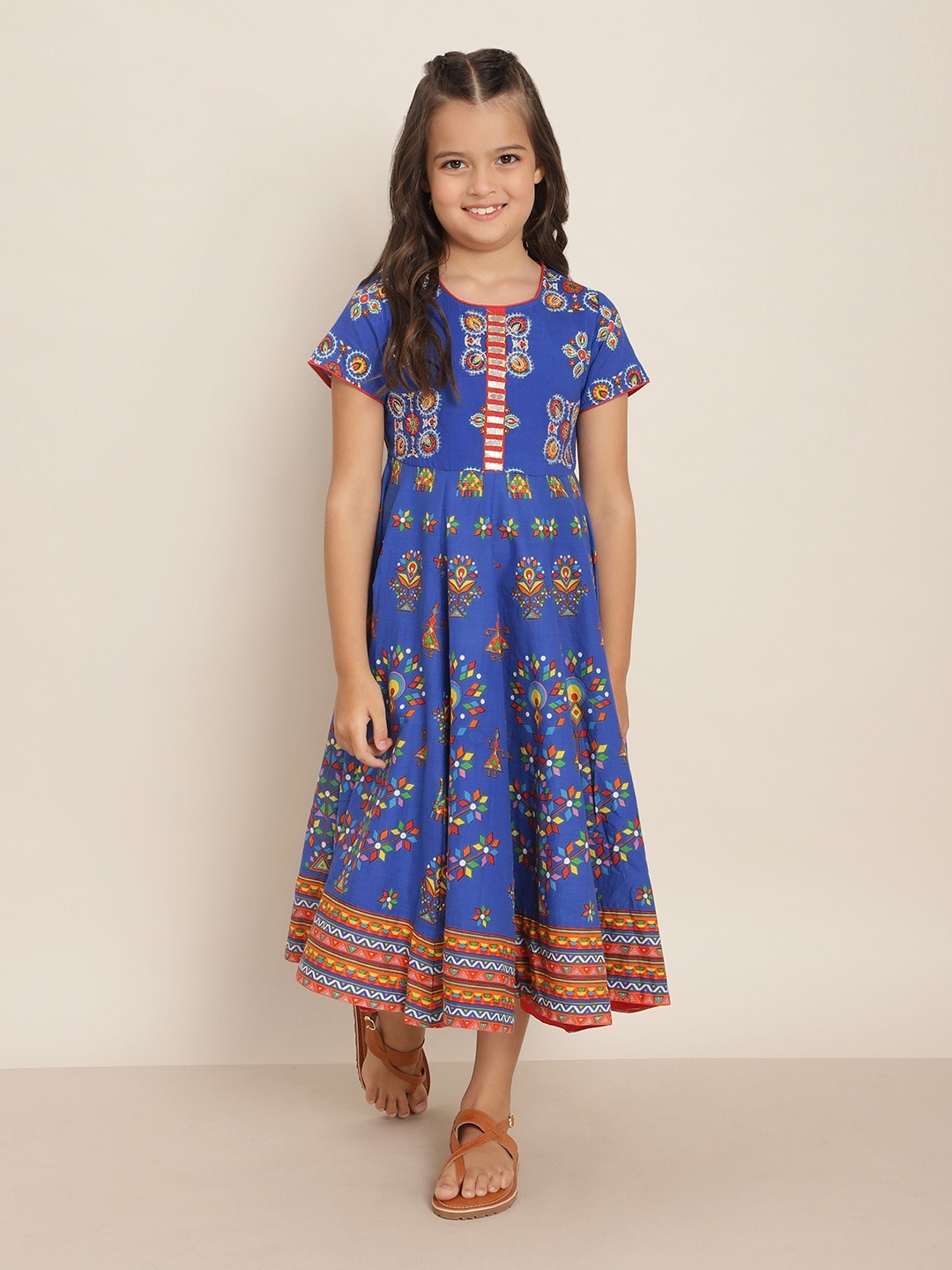 

Kids V Neck Elbow Length Sleeves Kutch Print Anarkali With Embroidery Highlight, Blue