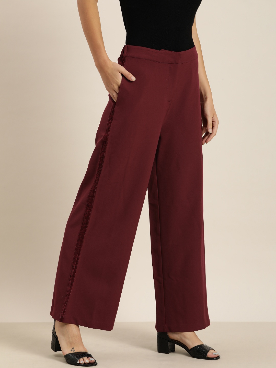 

her by invictus Women Maroon Regular Fit Solid Parallel Trousers
