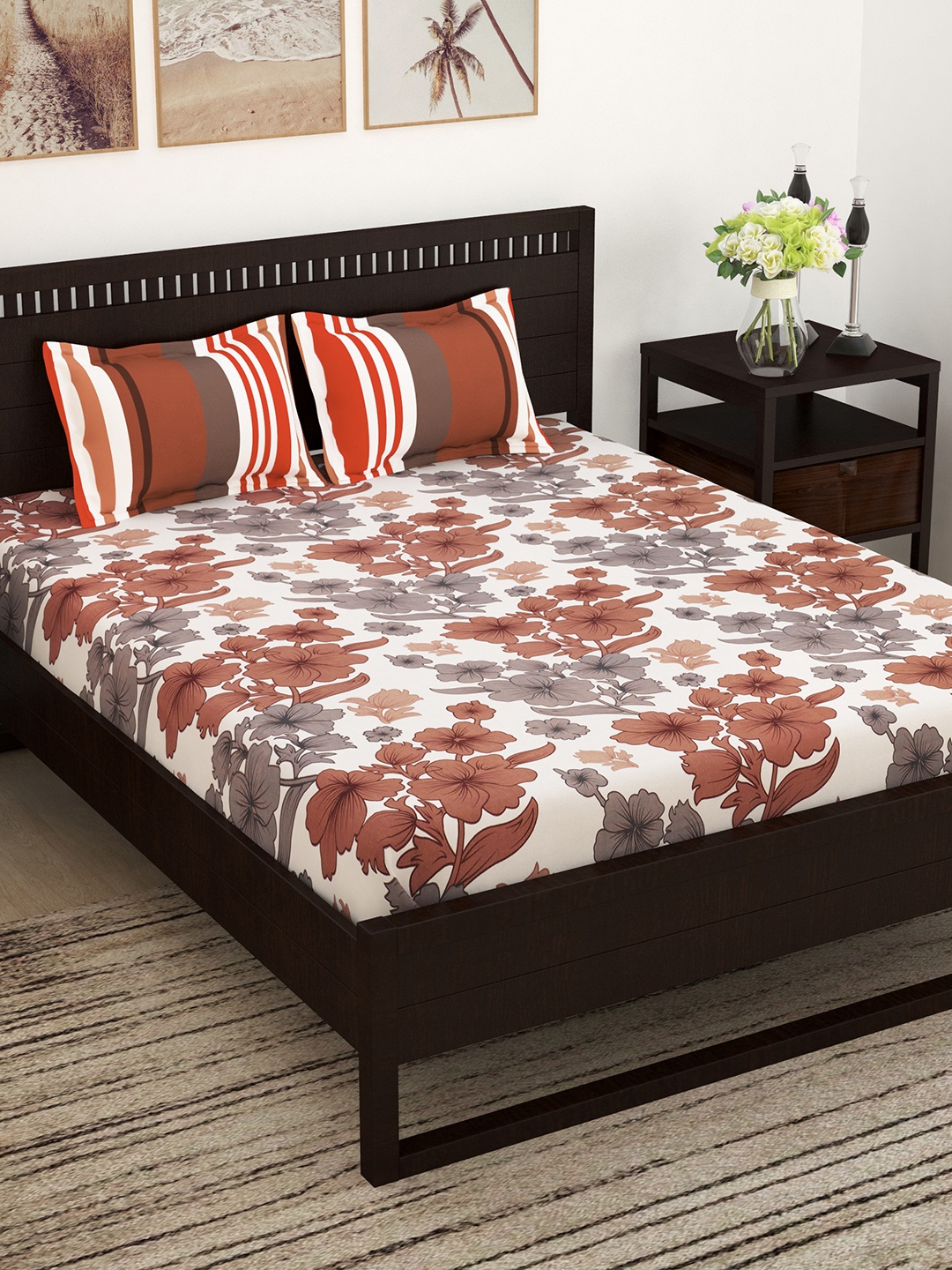

Story@home White & Brown Floral Flat 150 TC Cotton Queen Bedsheet with 2 Pillow Covers