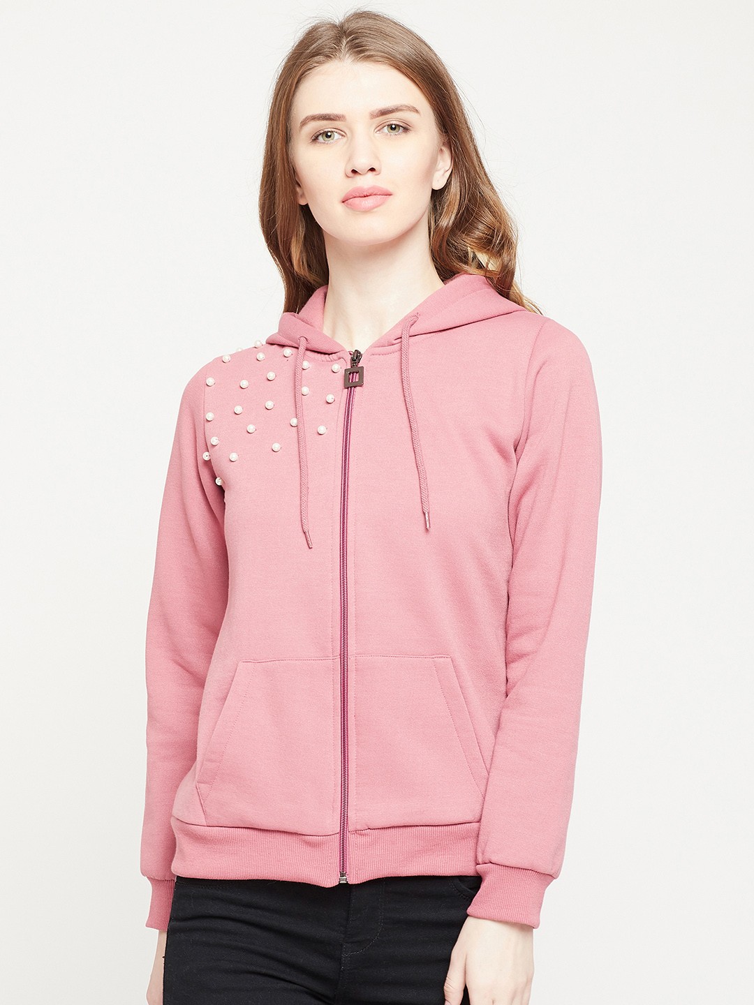 

RARE Women Pink Solid Hooded Sweatshirt