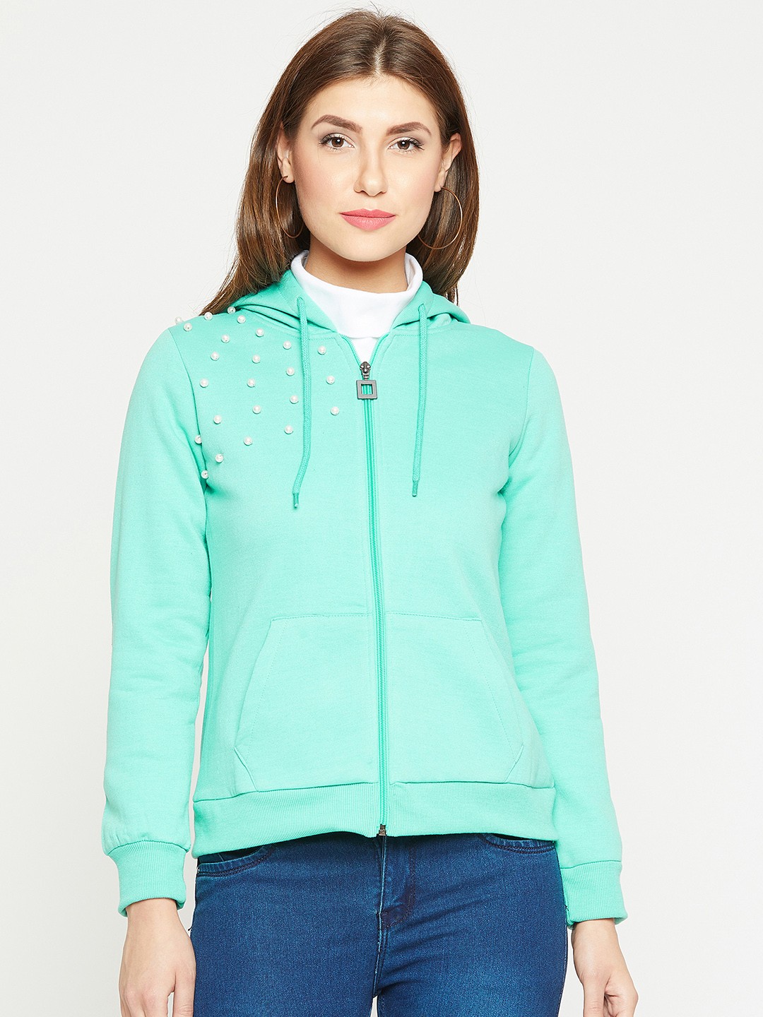 

RARE Women Turquoise Blue Solid Hooded Sweatshirt