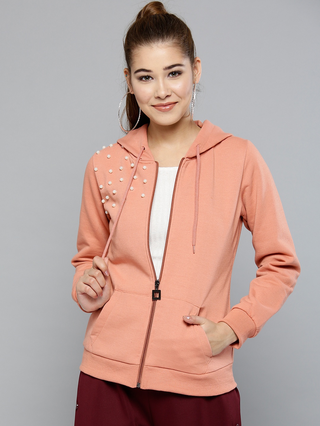 

RARE Women Peach-Coloured Solid Hooded Sweatshirt with Embellished Detail