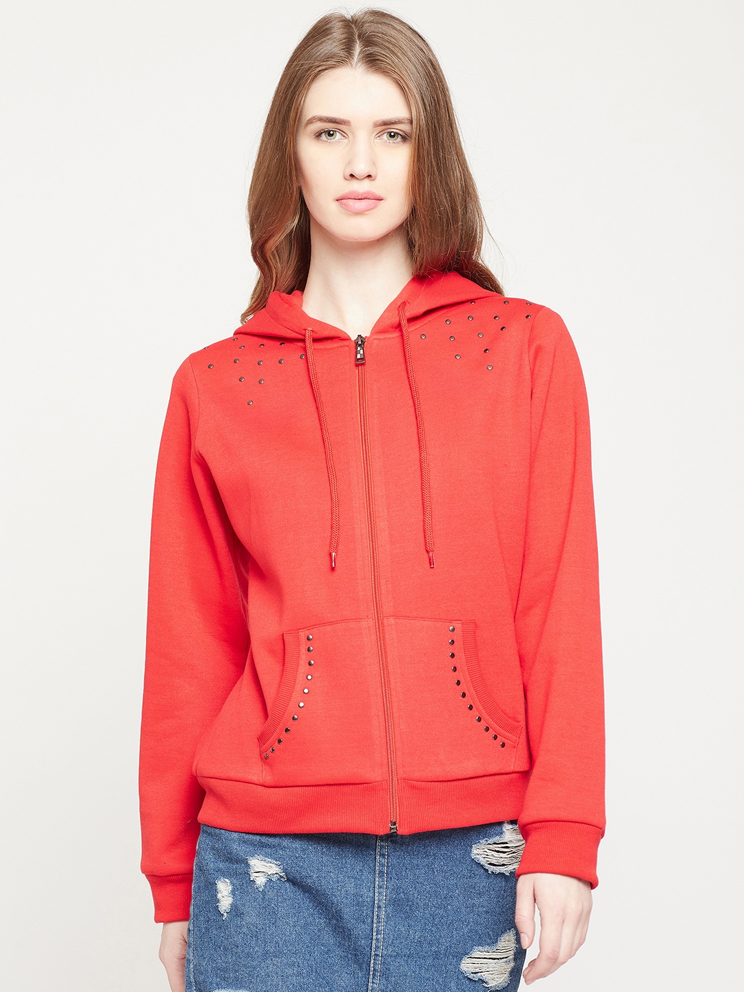 

RARE Women Red Solid Hooded Sweatshirt