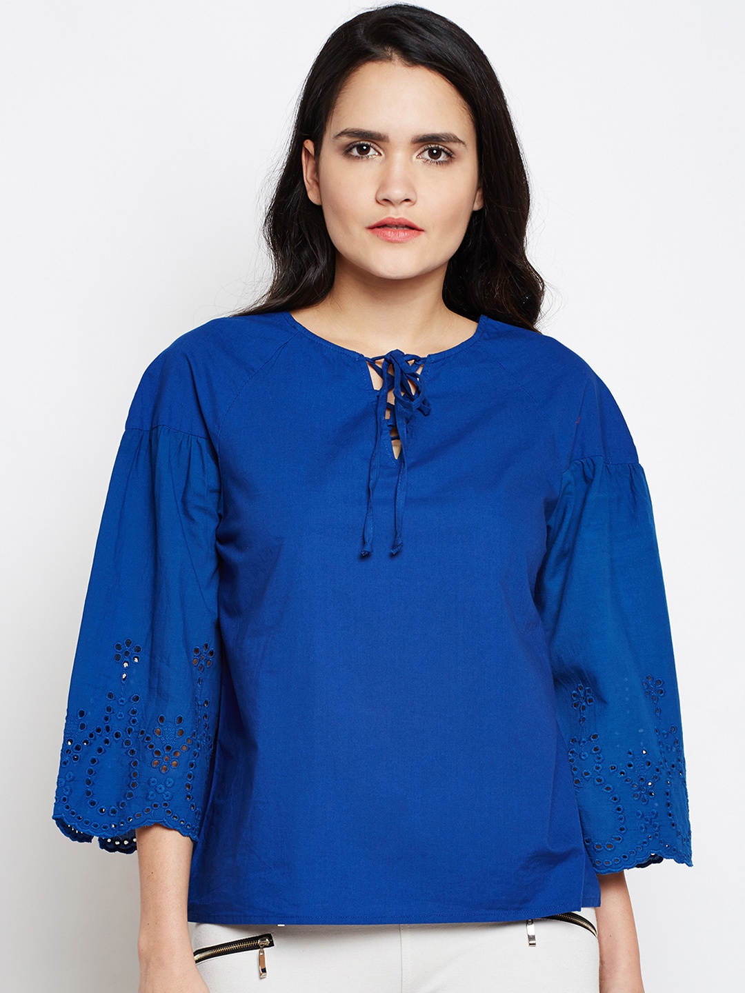 

Oxolloxo Women Blue Self Design Pure Cotton Top