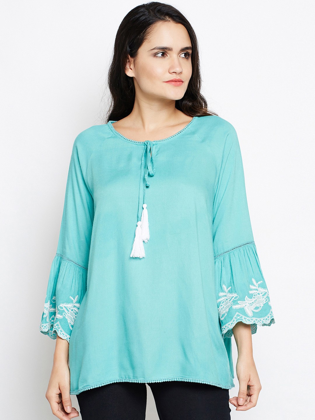 

Oxolloxo Women Sea Green Printed A-Line Top