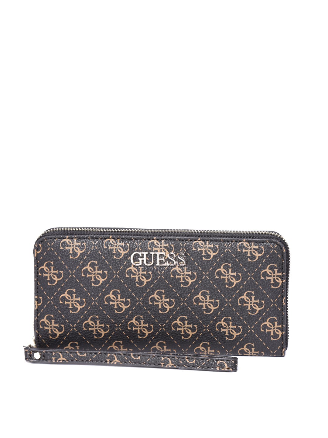 

GUESS Women Black & Brown Printed Zip Around Wallet with Wrist Loop