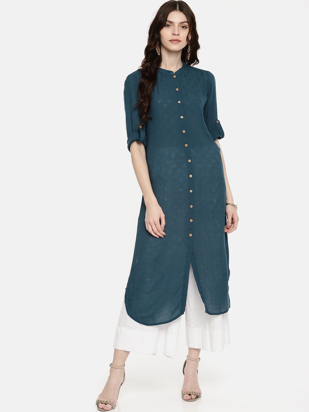 

Global Desi Women Blue Woven Design Straight Kurta