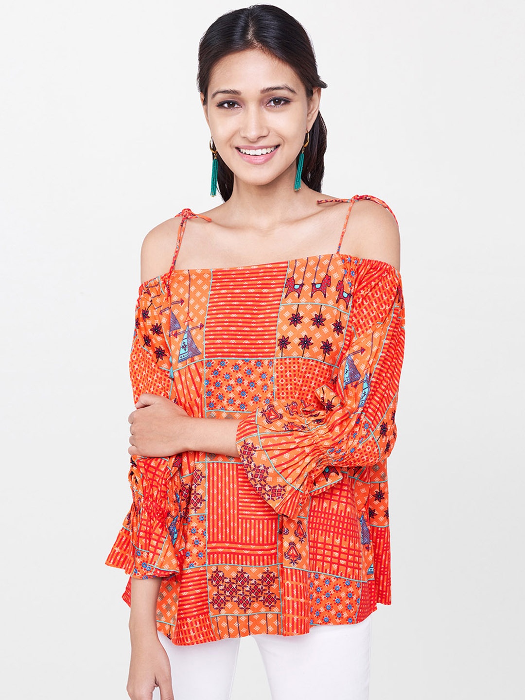 

Global Desi Women Orange Printed Bardot Top