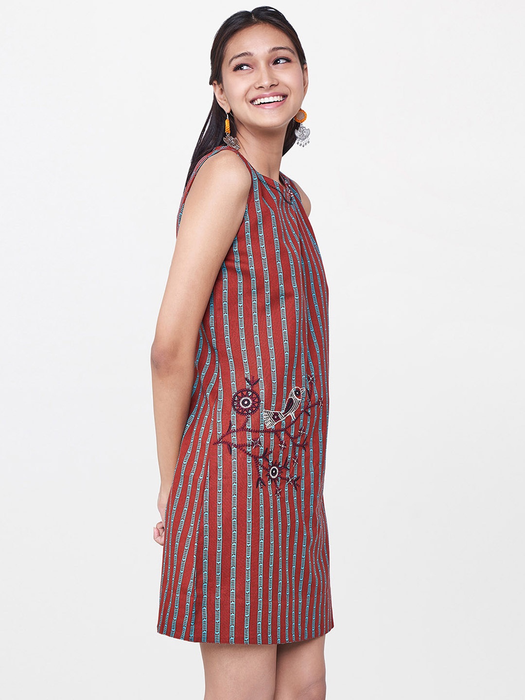 

Global Desi Women Rust Red & Blue Striped A-Line Dress