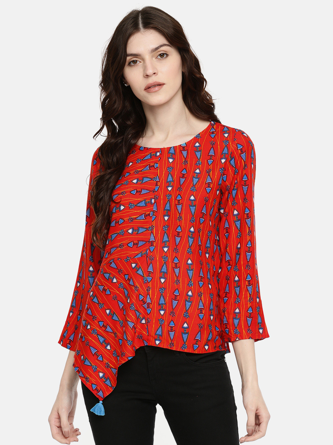 

Global Desi Women Orange & Blue Printed Styled Back Top