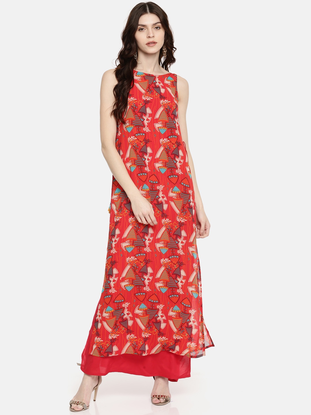 

Global Desi Women Red Printed A-Line Dress