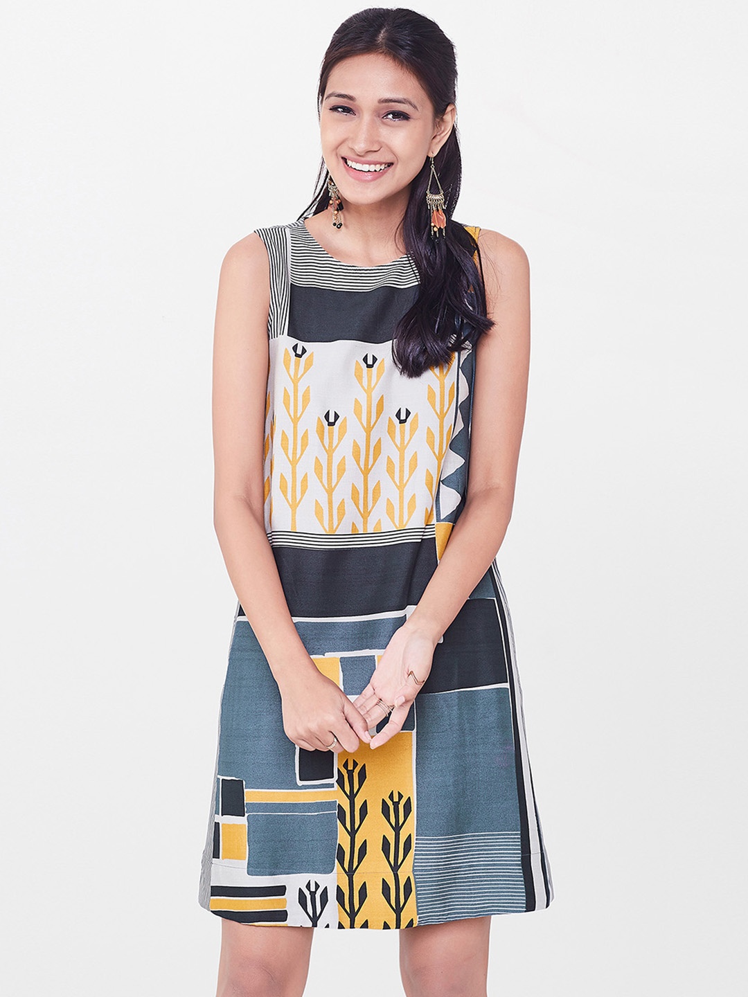

Global Desi Women Grey Printed A-Line Dress