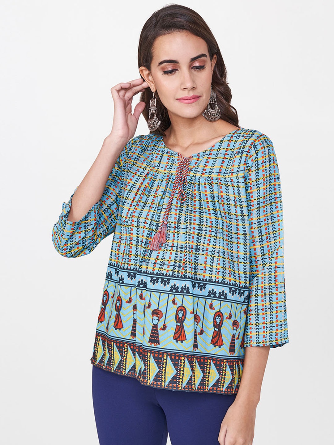 

Global Desi Women Blue Printed Top