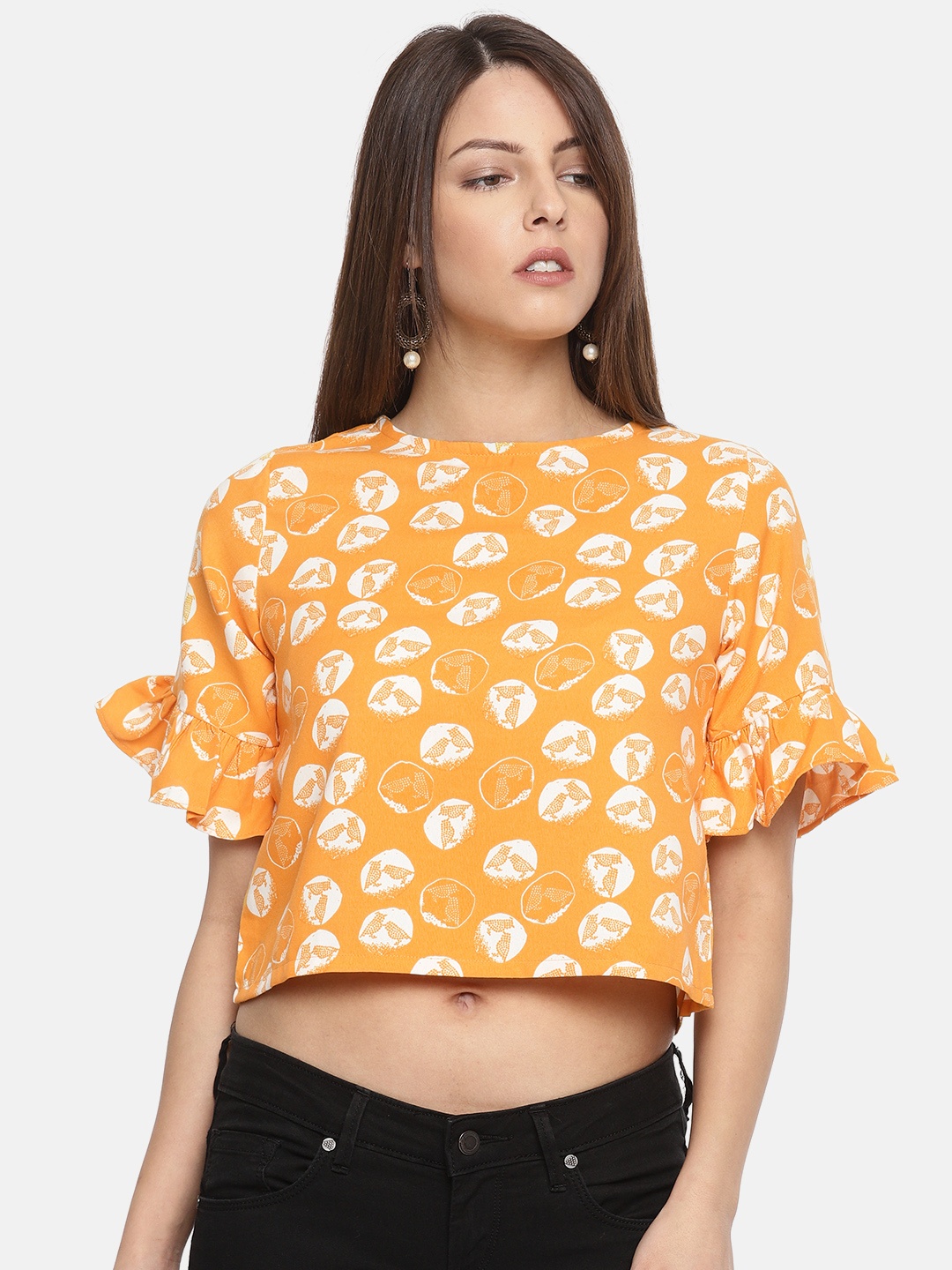 

Global Desi Women Orange Printed Crop Top