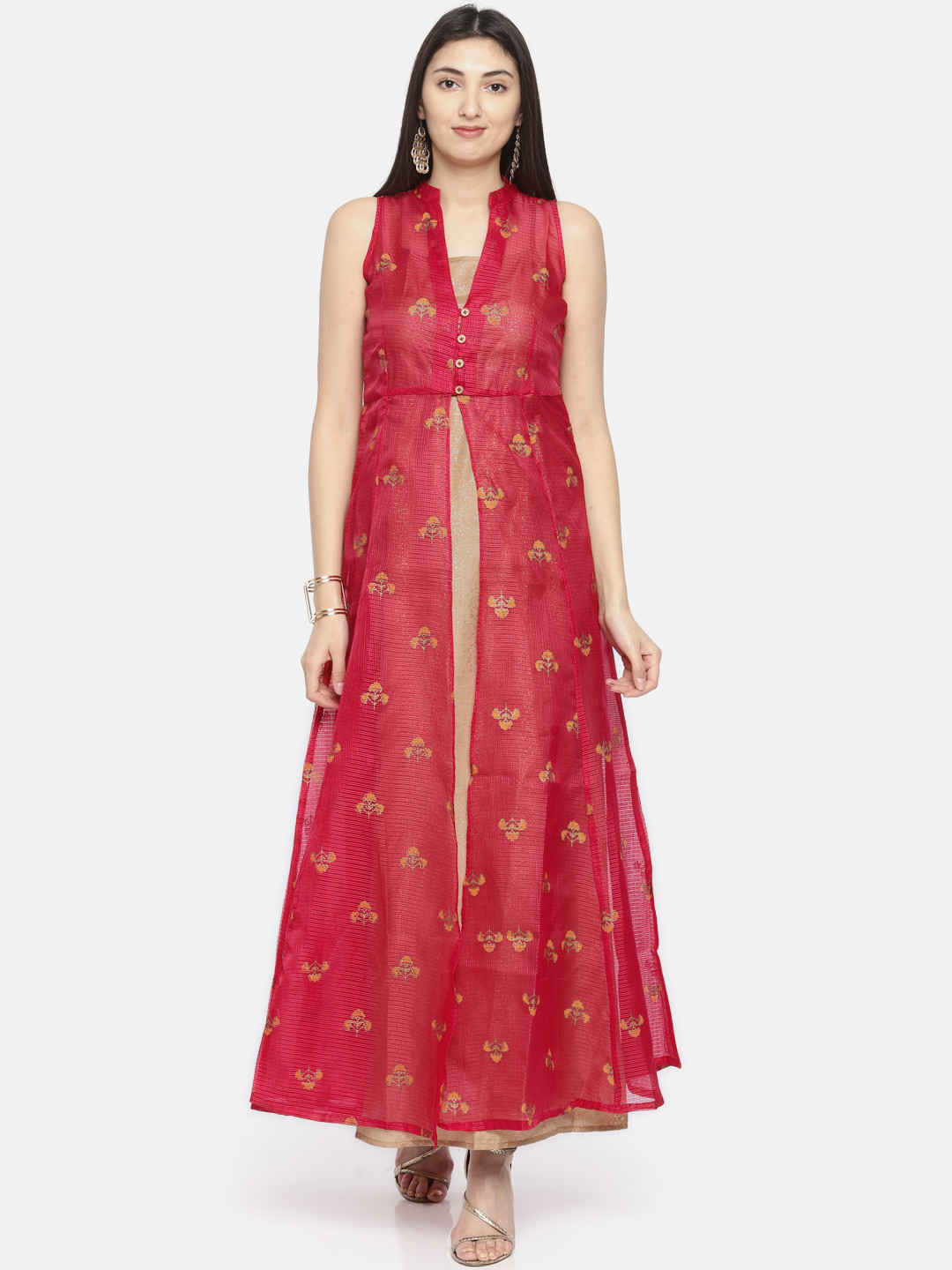 

Global Desi Women Red & Gold-Toned Printed A-Line Kurta
