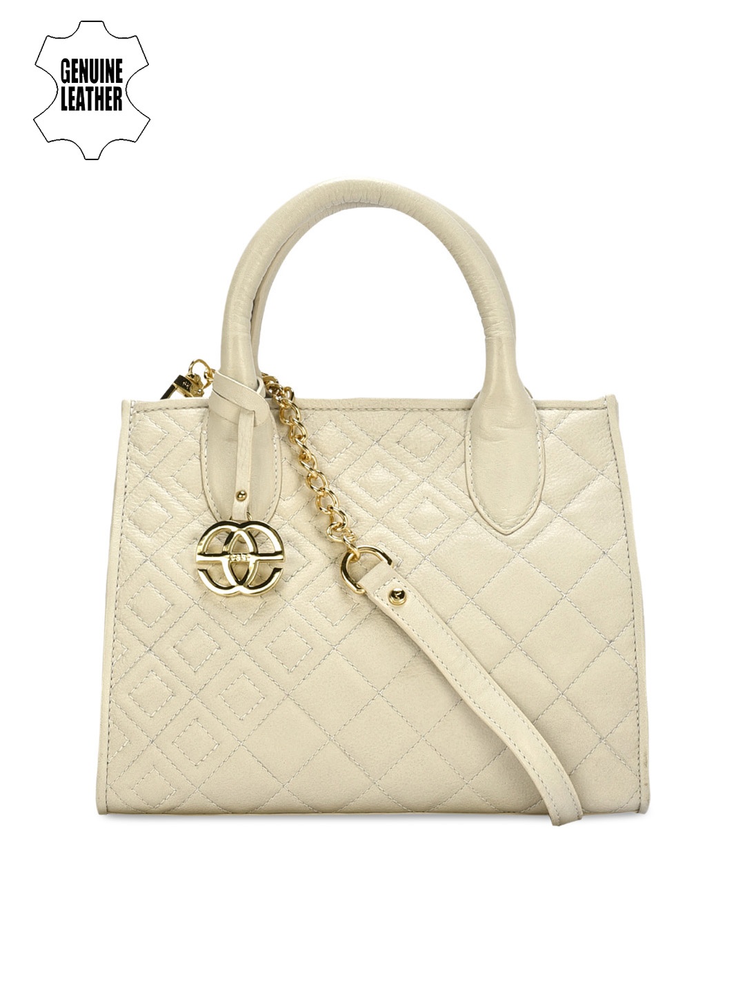 

Eske Cream-Coloured Leather Self Design Handheld Bag