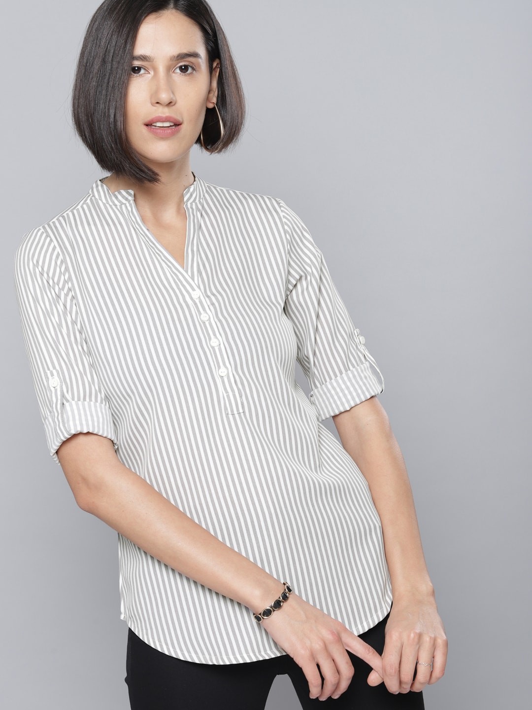 

Tokyo Talkies Women Grey & White Striped Top