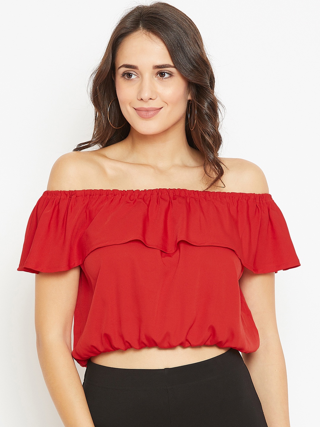 

Rue Collection Women Red Solid Crop Bardot Top