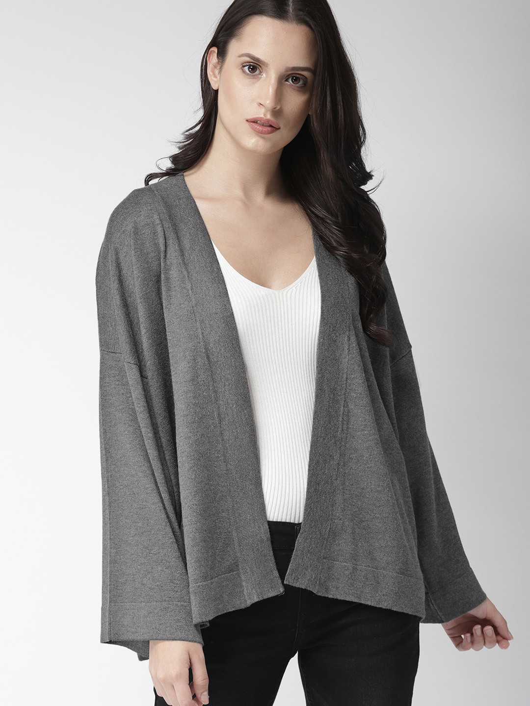 

FOREVER 21 Women Charcoal Grey Solid Front-Open Sweater