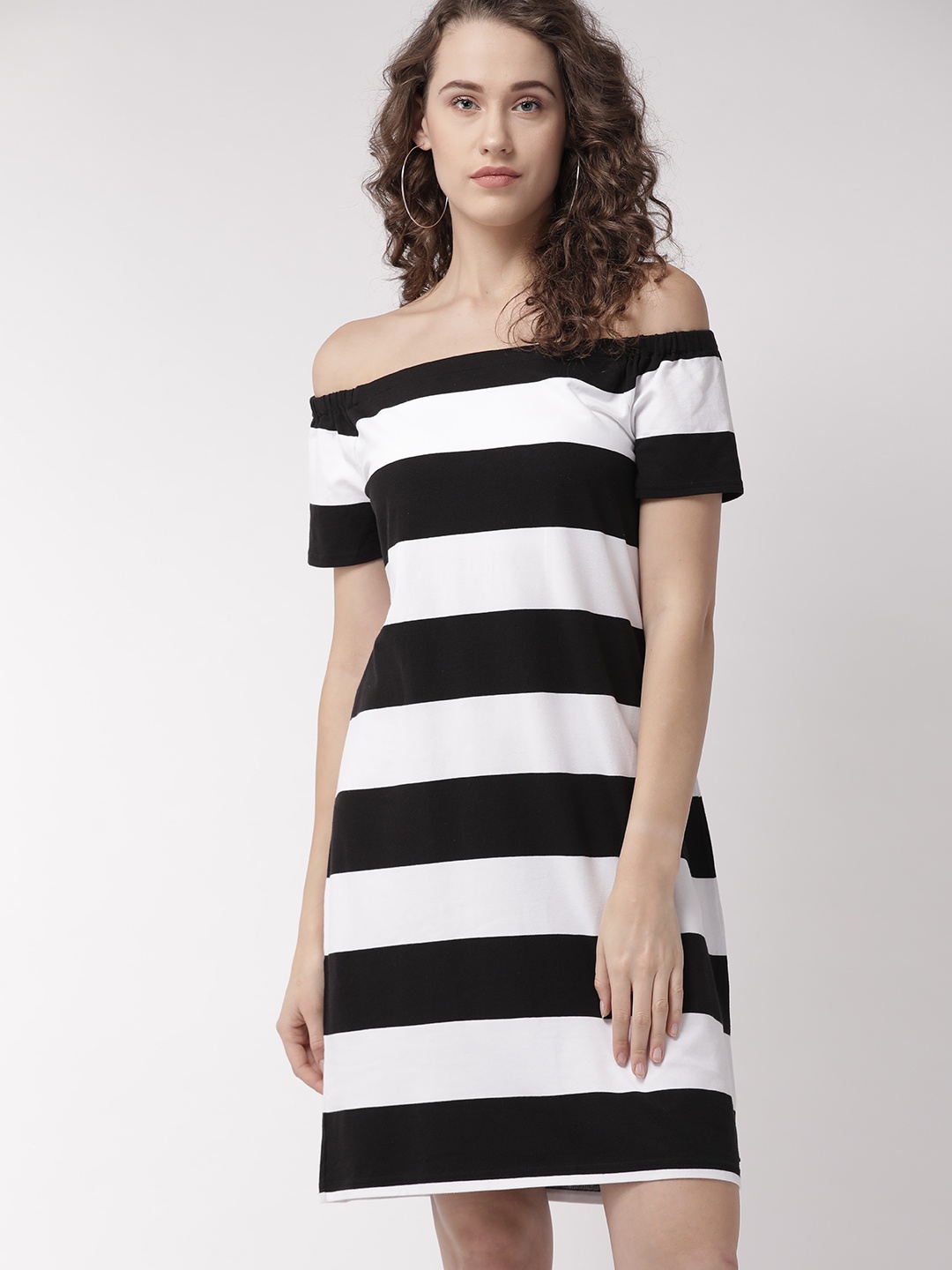 

Tommy Hilfiger Women White & Black Off-Shoulder Striped A-Line Dress