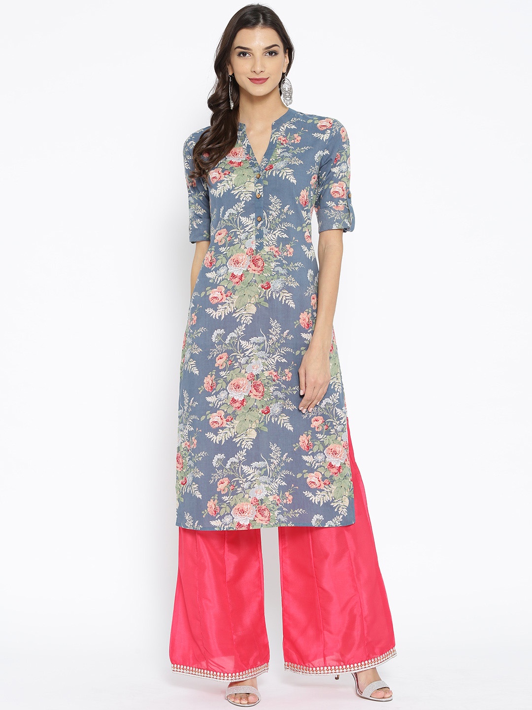 

anayna Women Blue & Green Floral Print Straight Kurta