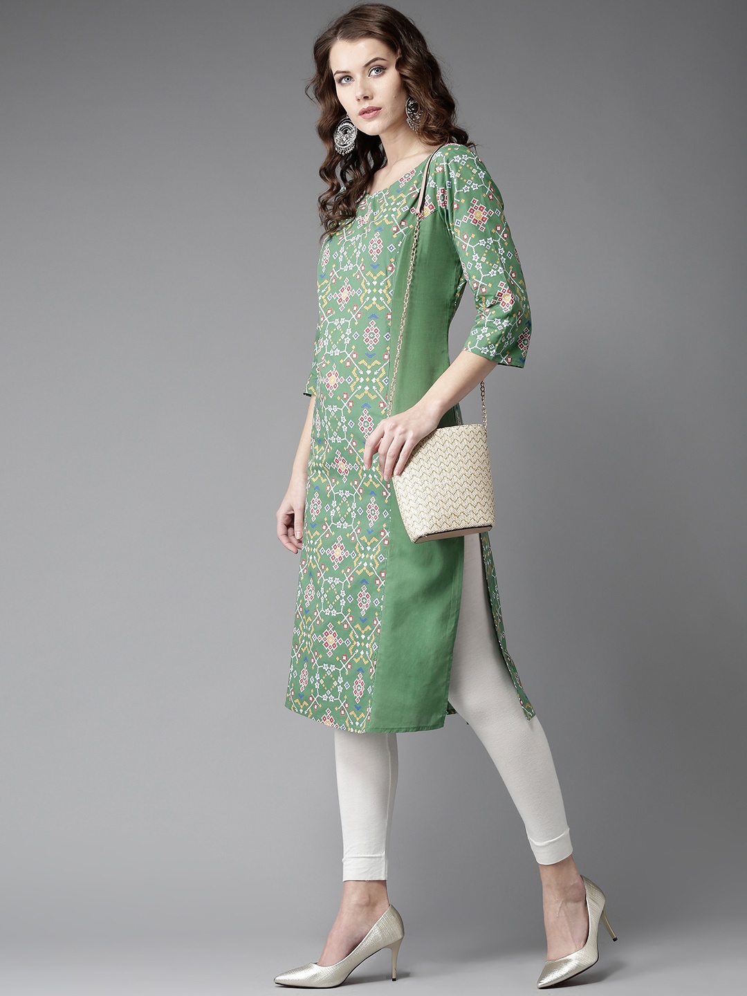 

Moda Rapido Women Green & White Printed Straight Kurta