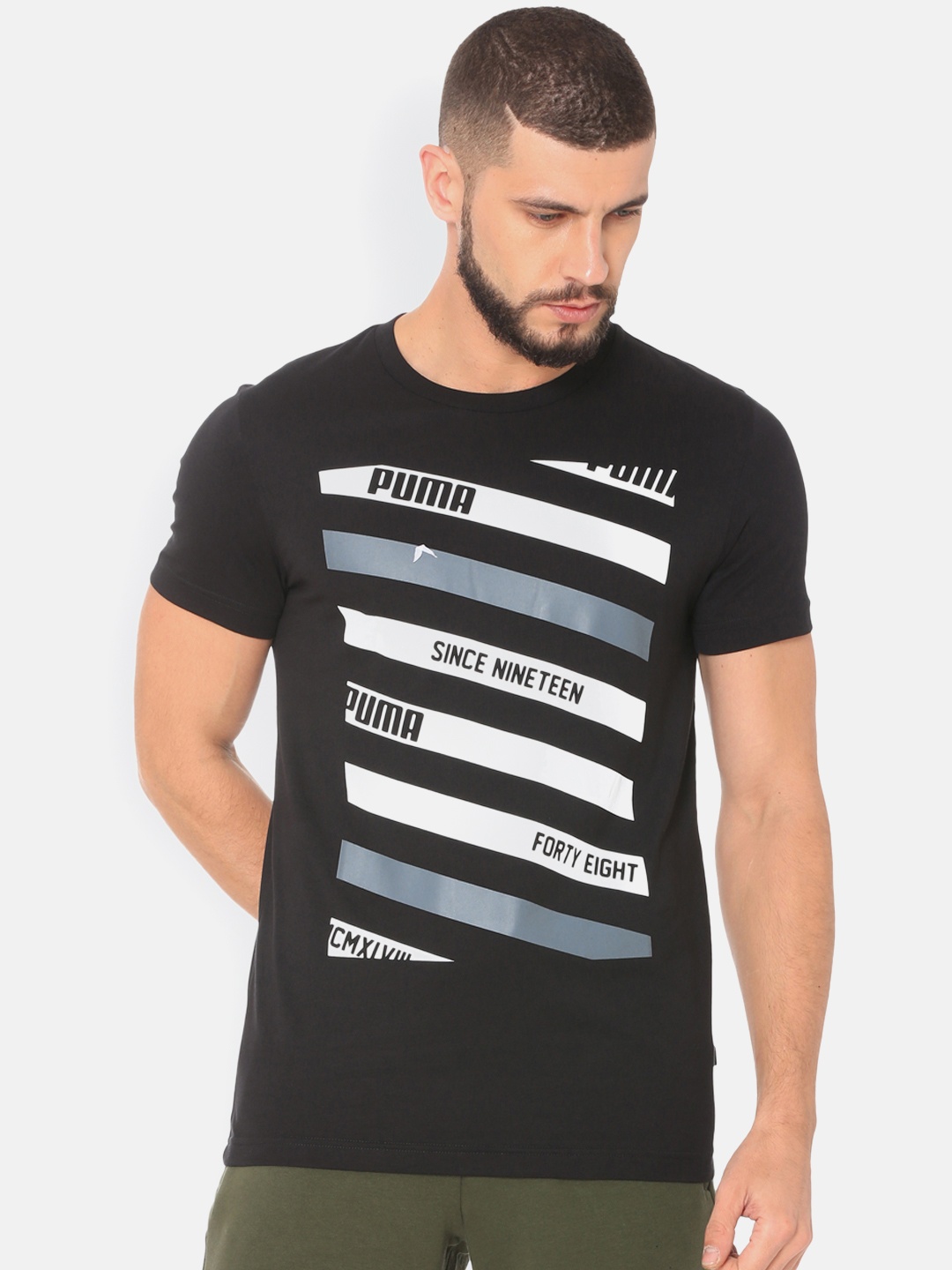 

Puma Men Black Printed Lines Graphic Pure Cotton T-shirt