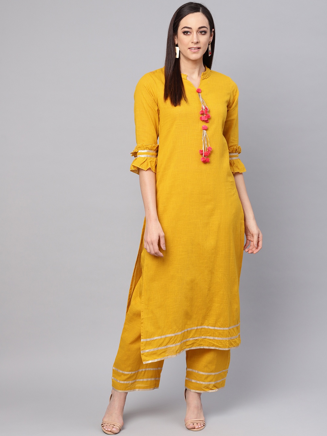 

Idalia Women Mustard Yellow Striped Kurta with Palazzos