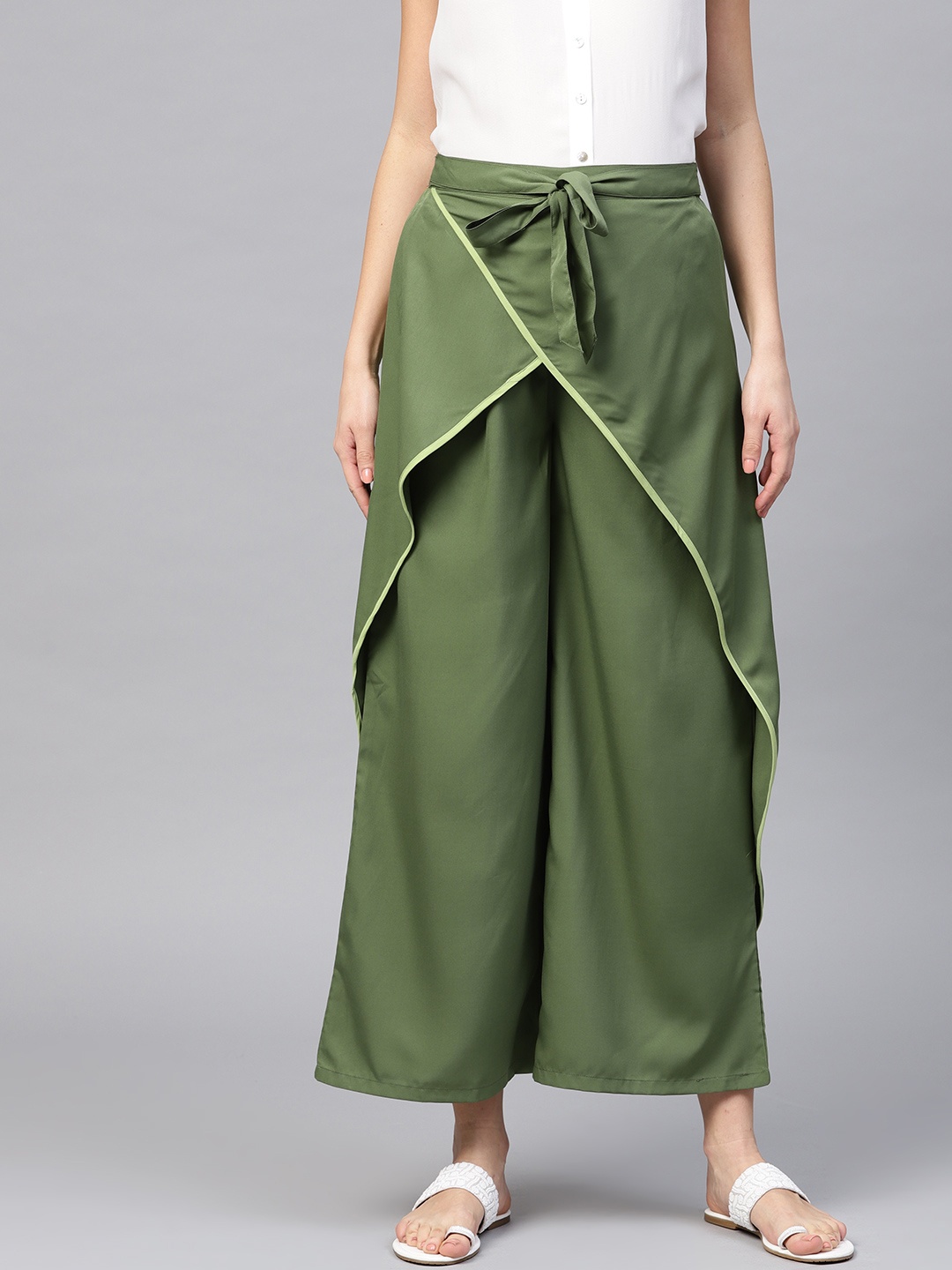 

Bitterlime Women Olive Green Solid Layered Parallel Trousers
