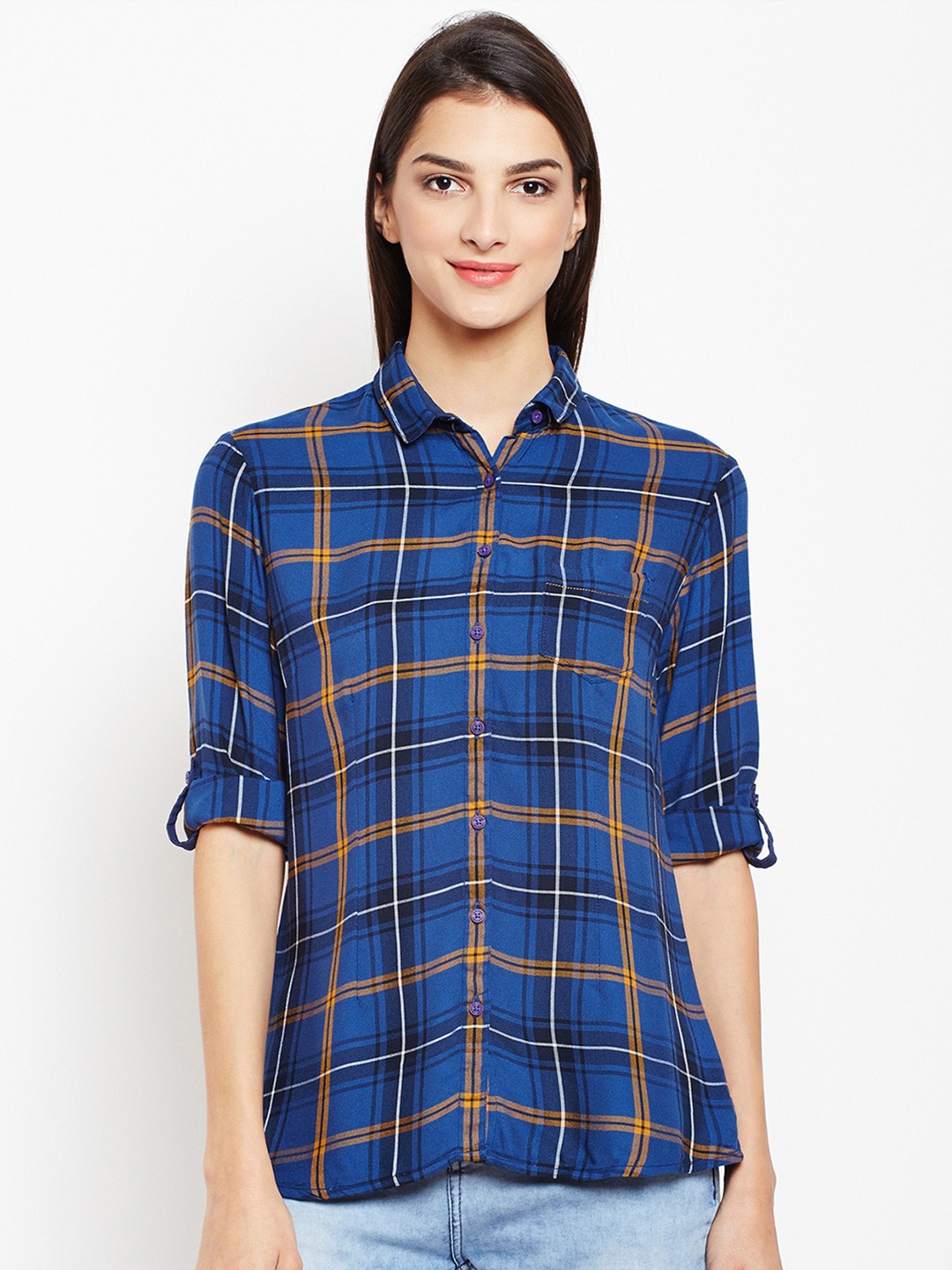 

Crimsoune Club Women Blue & Mustard Slim Fit Checked Casual Shirt
