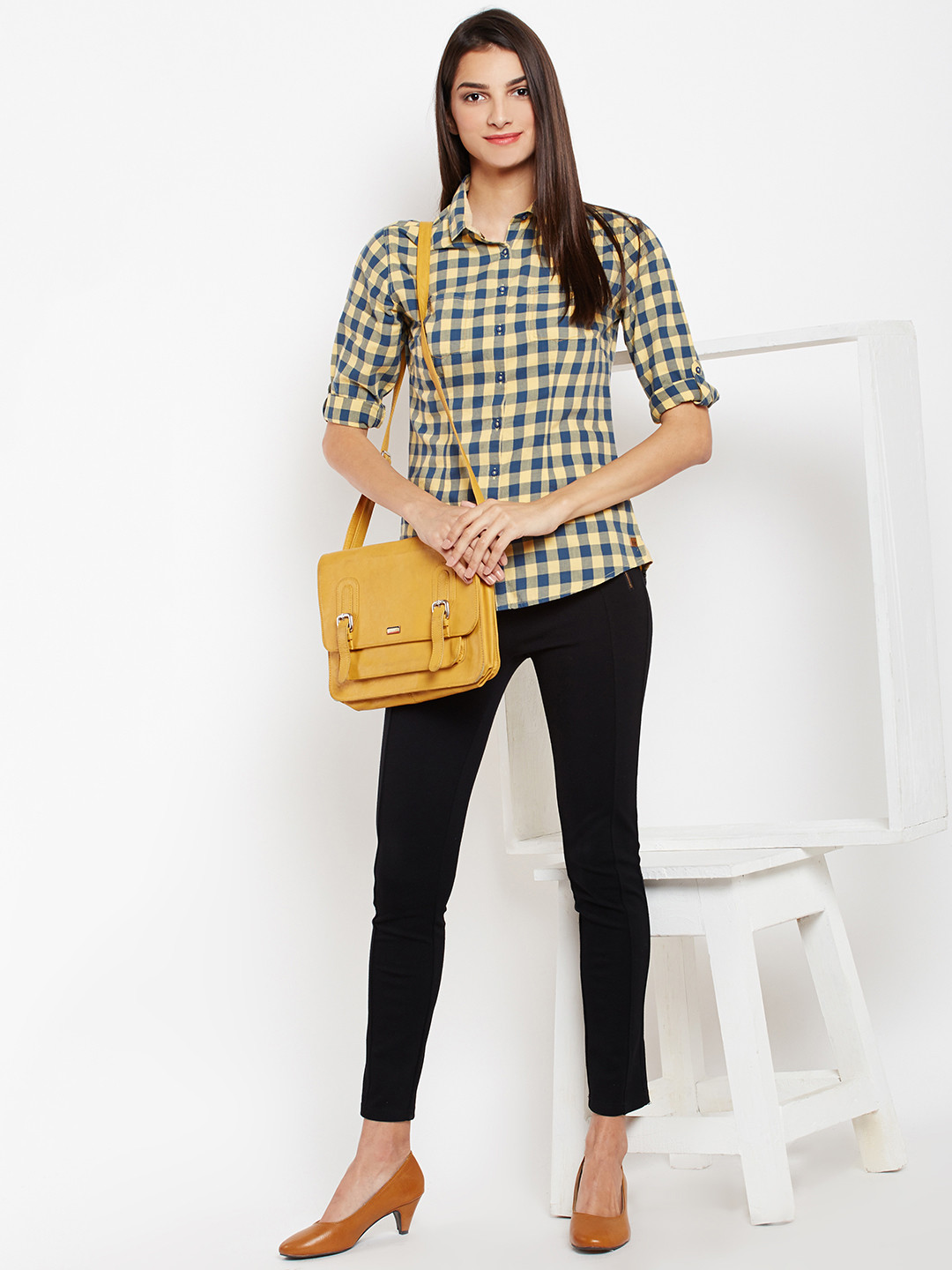 

Crimsoune Club Women Yellow & Blue Slim Fit Checked Casual Shirt