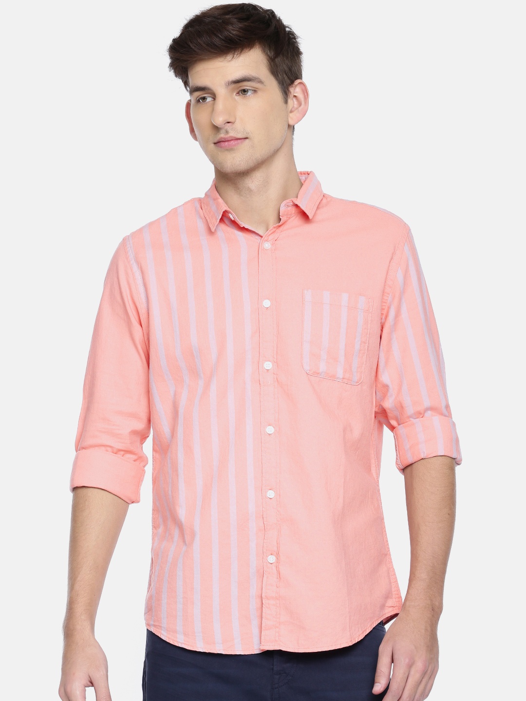 

Jack & Jones Men Pink Slim Fit Striped Casual Shirt