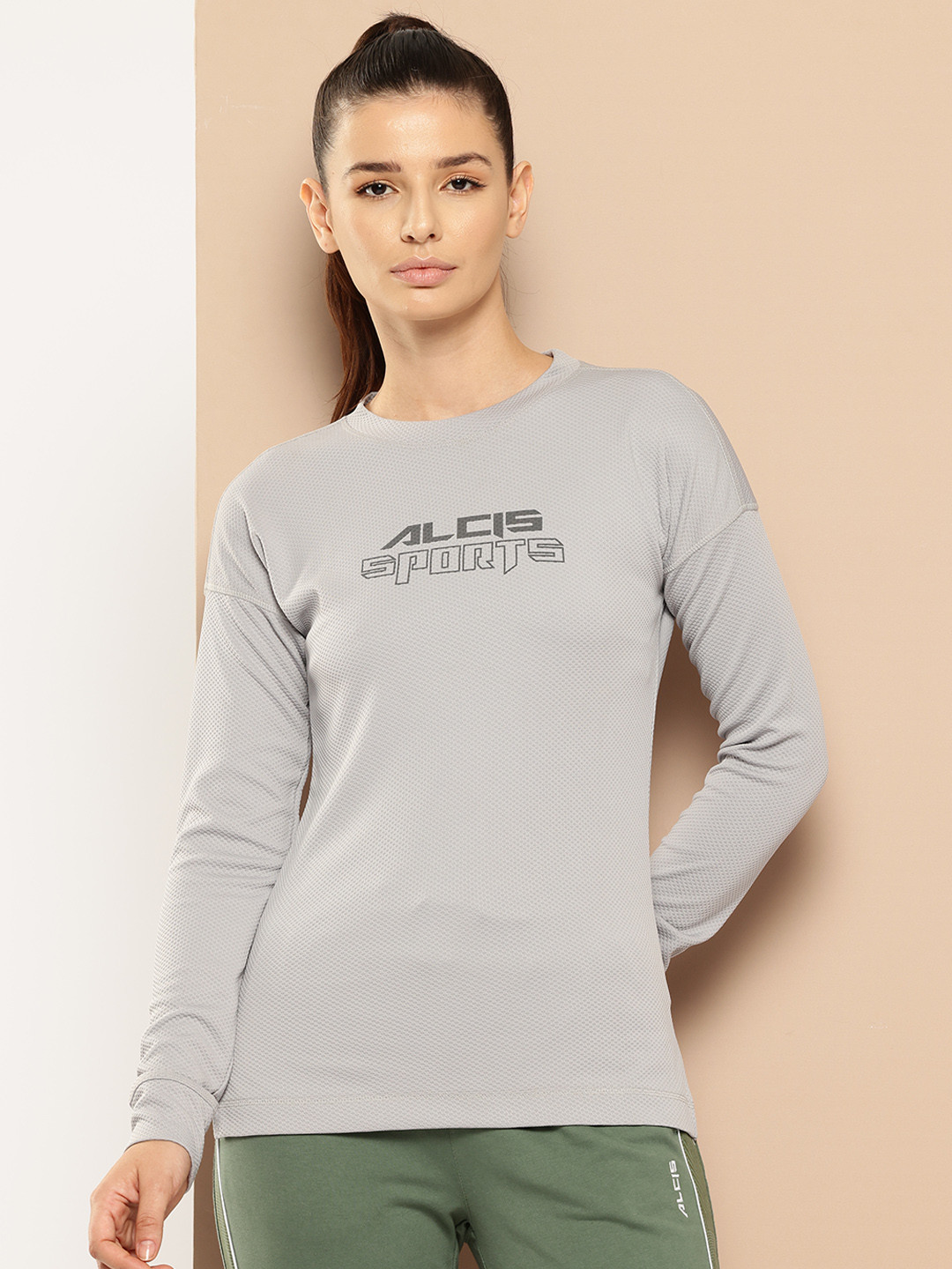 

Alcis Women Grey Self Design Round Neck T-shirt